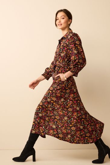 Black Floral Embroidery Belted Long Sleeve Button Through Shirt Dress