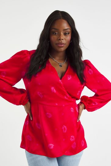 Simply Be Red Lip Print Satin Wrap Top