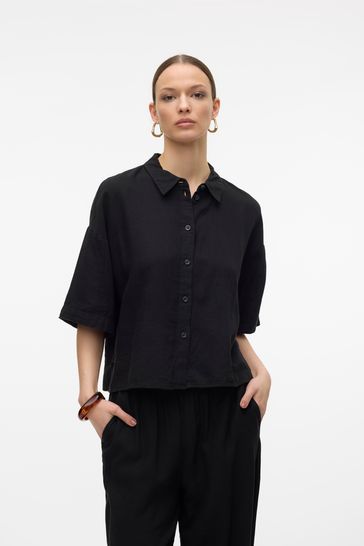 VERO MODA Black Linen Blend Short Sleeve Relaxed Shirt