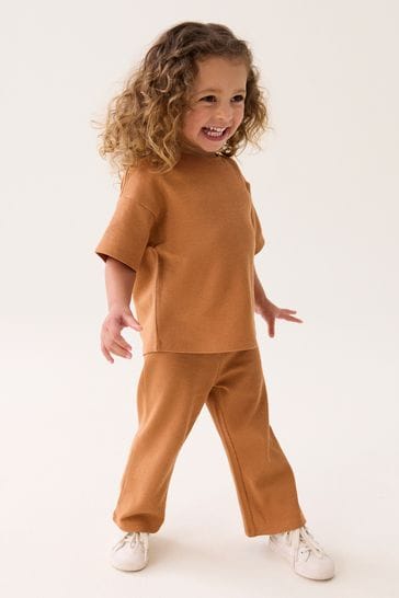 Brown Short Sleeve T-Shirt and Wide Leg Trousers Set (3mths-7yrs)