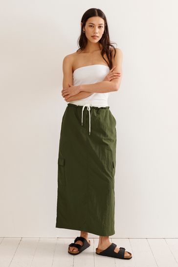 Khaki Green Contrast Waistband Nylon Midi Skirt
