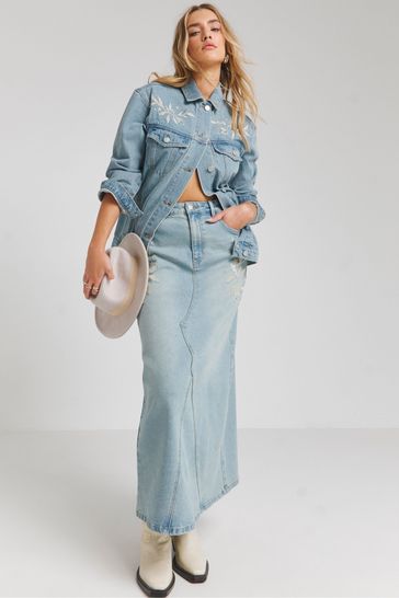 Simply Be Blue Western Embroidered Denim Maxi Skirt