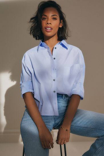 Blue Contrast Long Sleeve Cotton Cropped Shirt