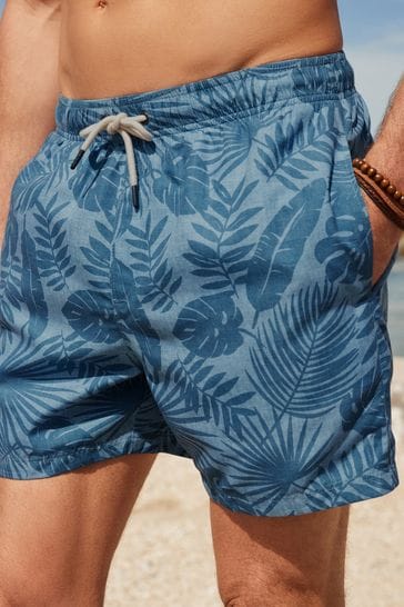 Light Blue Textured Leaf Regular Fit Printed Swim Shorts