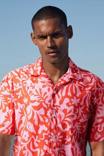 Pink Printed Short Sleeve Shirt with Cuban Collar