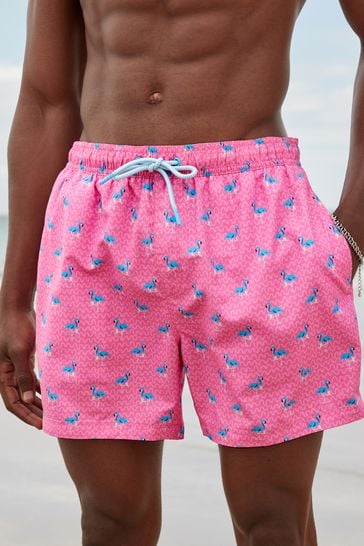 Bright Pink Mini Flamingo Regular Fit Printed Swim Shorts