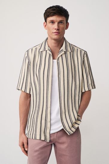 Cream/Blue Textured Stripe Short Sleeve Shirt