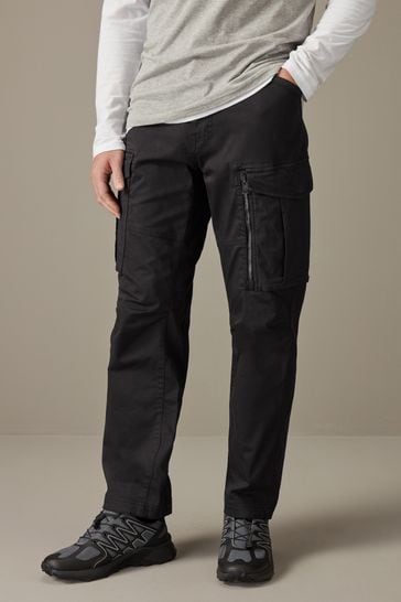 Black Straight Fit Zip Detail Stretch Cargo Trousers