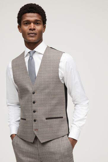 Taupe Trimmed Check Suit: Waistcoat