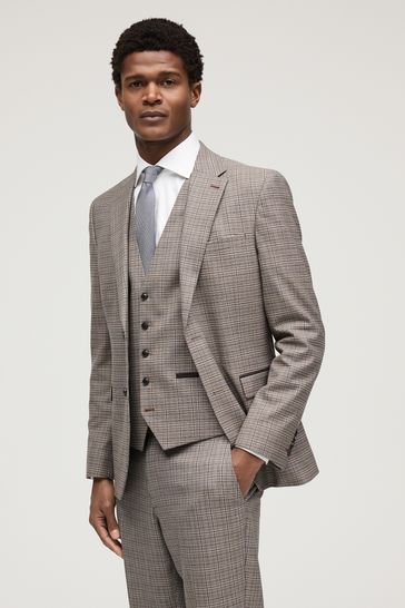 Taupe Skinny Fit Trimmed Check Suit: Jacket