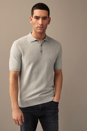 Grey Regular Waffle Texture Knit Polo Shirt