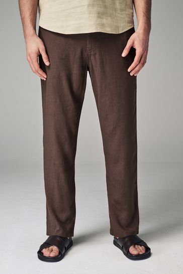 Brown Linen Viscose Drawstring Trousers