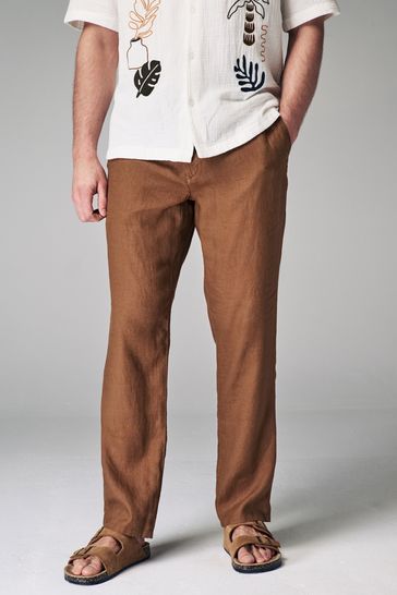 Rust Brown 100% Linen Drawstring Trousers