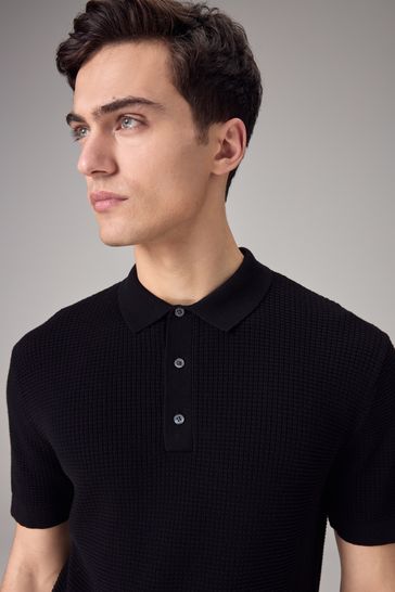 Black Short Sleeve Regular Waffle Button Polo Shirt