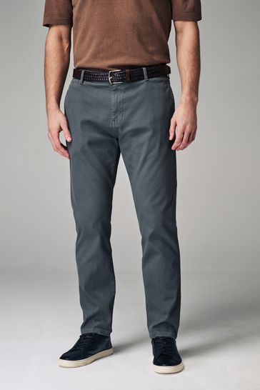 Blue Slim Fit Textured Belted Trousers