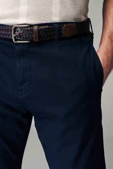 Navy Blue Slim Fit Textured Belted Trousers