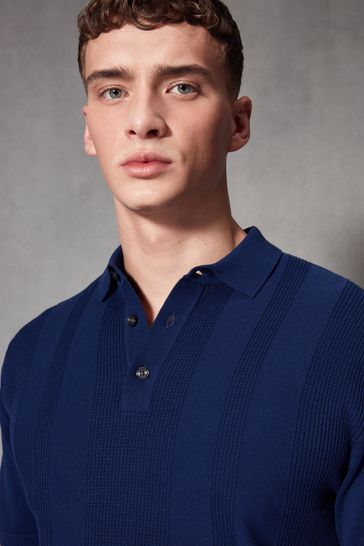 Blue Knitted Regular Fit Textured Stripe Polo Shirt