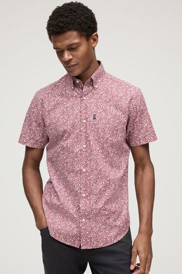 Burgundy Red Floral Easy Iron Button Down Short Sleeve Oxford Shirt