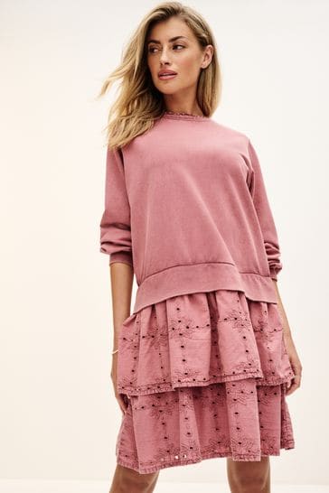 Pink Pretty Ruffle Tiered Sweatshirt Overlay Smock Dress