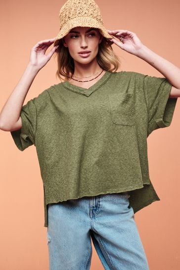 Khaki Green Oversized Linen Look Washed Pocket Detail Slouch V-Neck T-Shirt