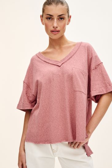 Rose Pink Oversized Washed Pocket Detail Slouch V-Neck T-Shirt