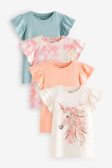 Pink/Orange/Blue Sequin Unicorn 4 Pack Frill Sleeve T-Shirts (3-16yrs)