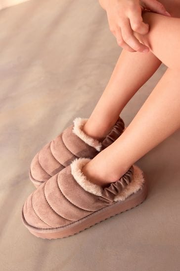 Brown Quilted Flatform Slippers