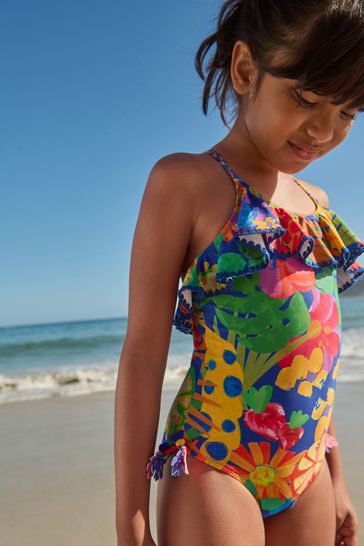Blue Tropical Ruffle Swimsuit (3-16yrs)