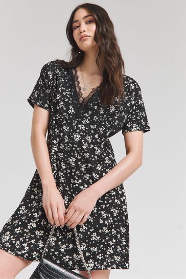 Simply Be Black Waffle Lace Trim Skater Dress