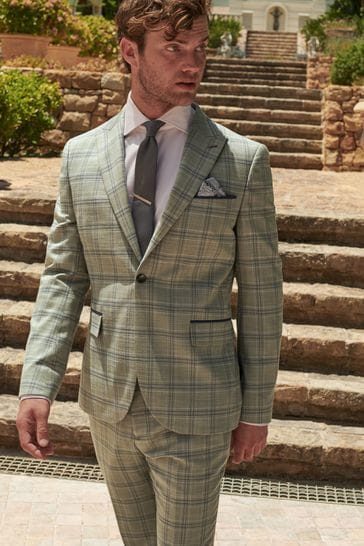 Green Skinny Fit Trimmed Check Suit: Jacket