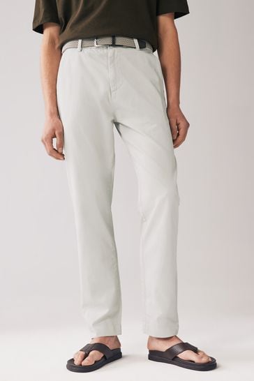 Light Stone Belted Linen Blend Trousers