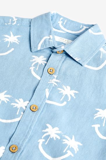 Aqua Blue Smiles Short Sleeve Blended Linen Printed Shirt (3-16yrs)