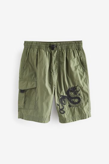 Khaki Green Dragon Embrodiary Pull On Shorts (3-16yrs)