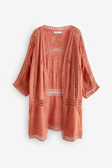 Orange Crochet Longline Kimono Cover-Up
