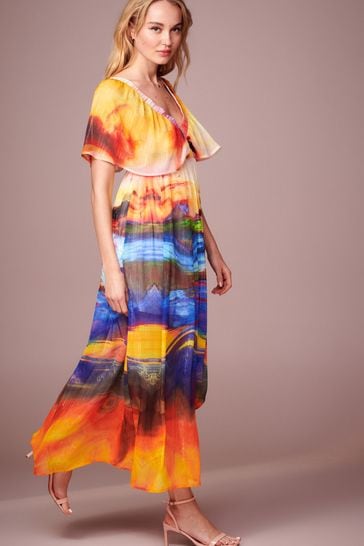 Multi Scenic Print Angel Sleeve Tiered Maxi Dress