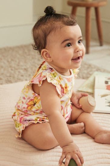 Pink/Yellow Tropical Print Jersey Baby Romper