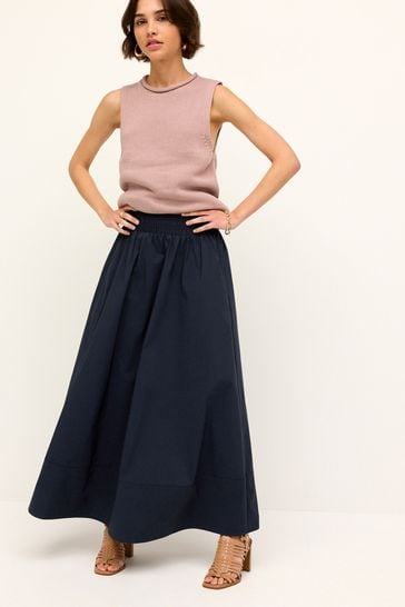 Navy Poplin Midi Shirred Waist Skirt