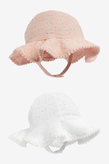 White/Pink Baby Broderie Wide Brim Hats 2 Pack (0mths-2yrs)