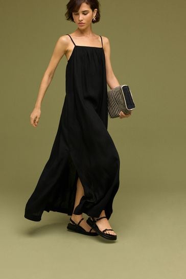 Black Tie Back Maxi Dress With Linen