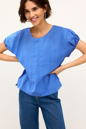 Cobalt Blue Gathered Short Sleeve Textured Boxy T-Shirt