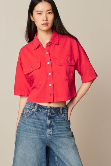 Red Cropped Oversized Denim Shirt