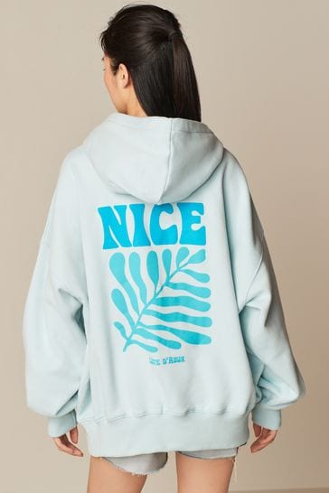 Aqua Blue Oversized Relaxed Fit New York Back Graphic Slogan Longline Hoodie