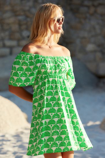 Green Palm Flutter Sleeve Summer Mini Dress