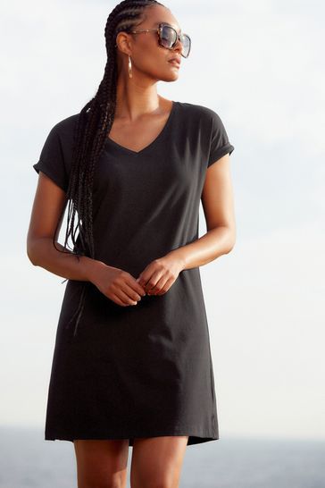 Black 100% Cotton Relaxed V-Neck Capped Sleeve Tunic Dress