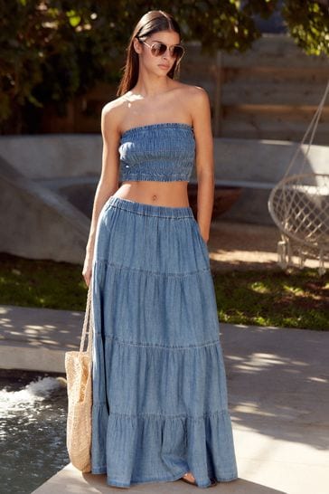 Blue Tiered Lightweight Denim Maxi Skirt