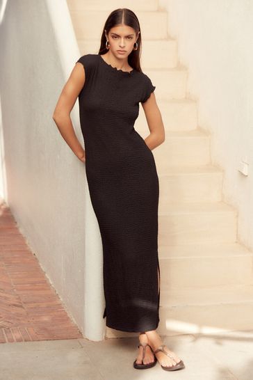 Black Short Sleeve Textured Column Jersey Dress