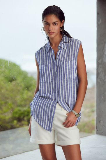 Blue/White Stripe Sleeveless Ruched Side Linen Blend Shirt