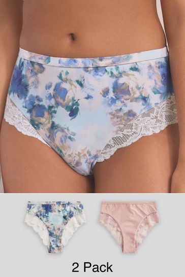 Blue Floral Print/Blush Pink High Rise Lace Trim Knickers 2 Pack