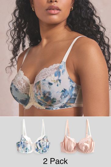 Blue Floral Print/Blush Pink DD Plus Non Pad Wired Full Cup Microfibre and Lace Bras 2 Pack
