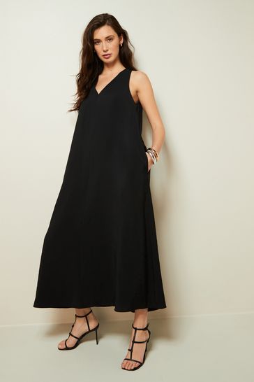 Black Sleeveless Column V-Neck Midi Dress